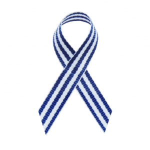 blue and white pinstripes fabric awareness ribbons with safety pins, included, but not attached