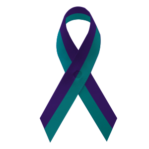 teal and purple fabric awareness ribbons with safety pins, included, but not attached