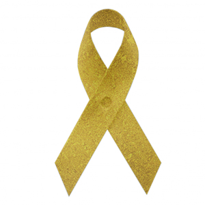 gold fabric awareness ribbons with safety pins, included, but not attached