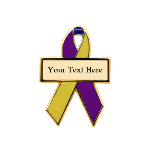 enamel purple, blue and marigold personalized awareness ribbon pins