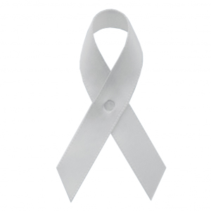 white fabric awareness ribbons with safety pins, included, but not attached