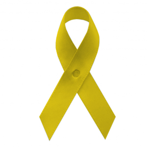 yellow fabric awareness ribbons with safety pins, included, but not attached